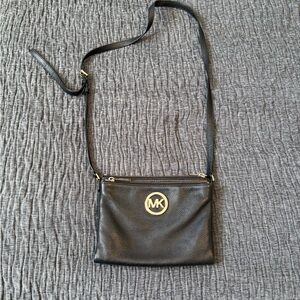 Michael Kors Black Leather Crossbody with Gold Logo